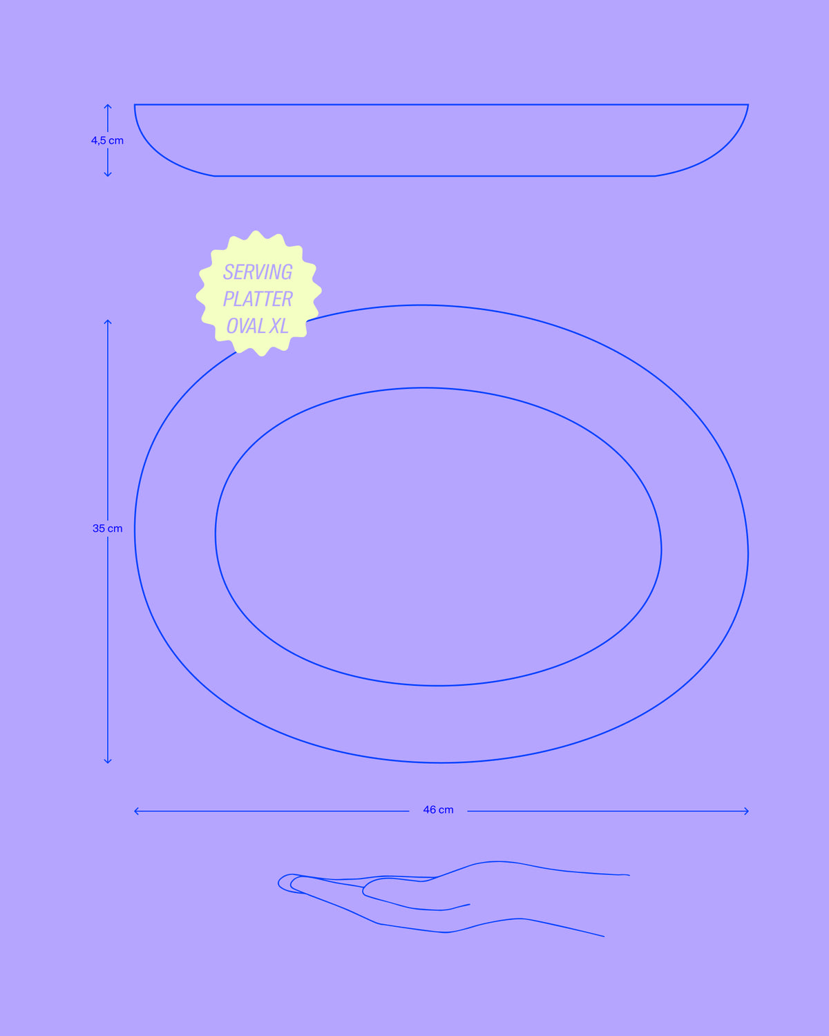 Diagramm eines ovalen Serviertellers XL mit den Maßen 46 cm x 35 cm x 4,5 cm und einer Handunterstützung.