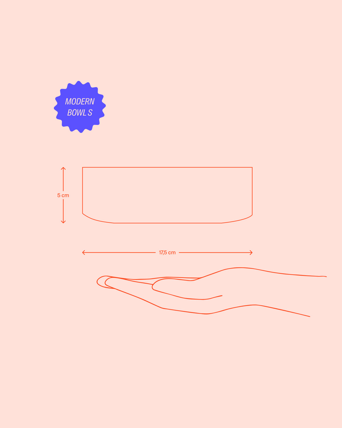 Diagramm zeigt eine Handfläche mit einer Schüssel darüber, Maße 5 cm Höhe und 17,5 cm Breite, Beschriftung "Modern Bowl S".