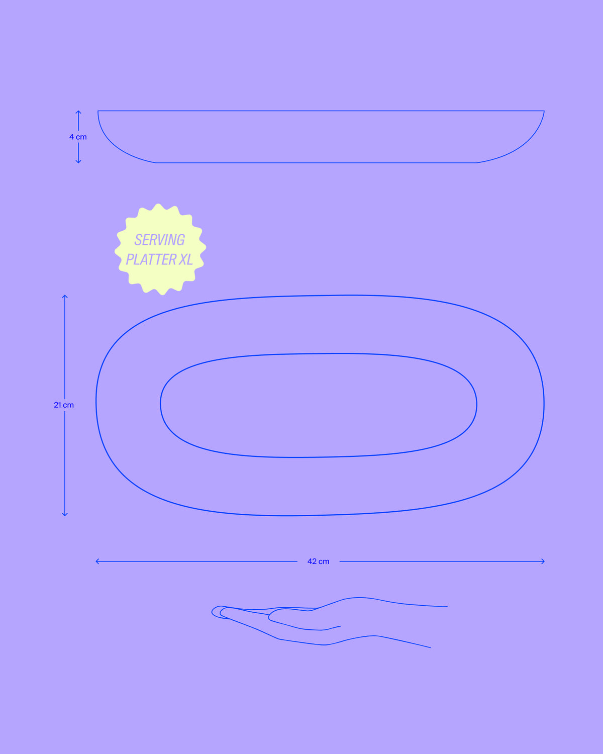 Diagramm eines ovalen Serviertellers mit den Maßen: 42 cm Länge, 21 cm Breite und 4 cm Höhe auf lilafarbenem Hintergrund.
