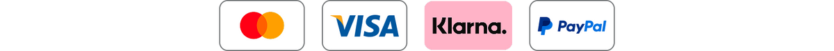 Symbole von Mastercard, Visa, Klarna und PayPal auf einem weißen Hintergrund.