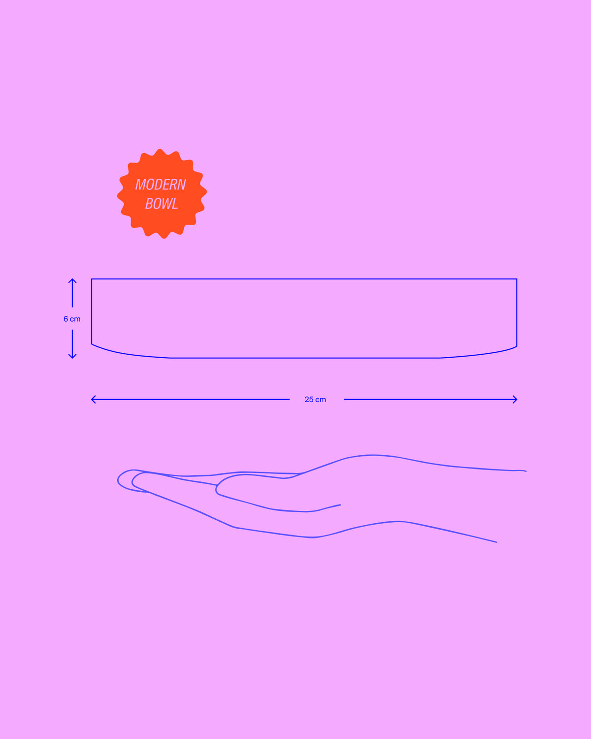 Illustration einer modernen Schüssel auf rosa Hintergrund mit den Maßen 6 cm Höhe und 25 cm Breite, gehalten von einer Hand.